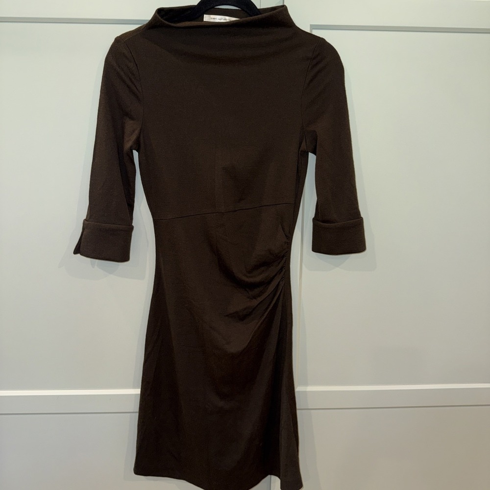 Diane von Furstenberg Women's Midi Dress Brown 3/4 Sleeve Ruched Side 100% Wool